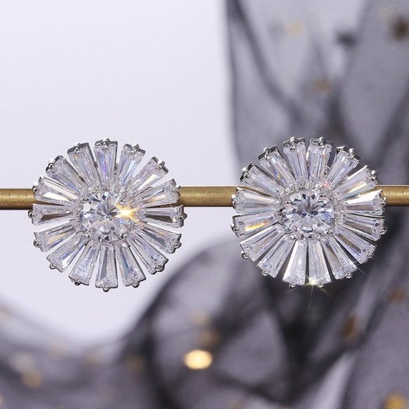 Silver Baguette Round Diamond Sunflower Earrings - Picture 2 of 9